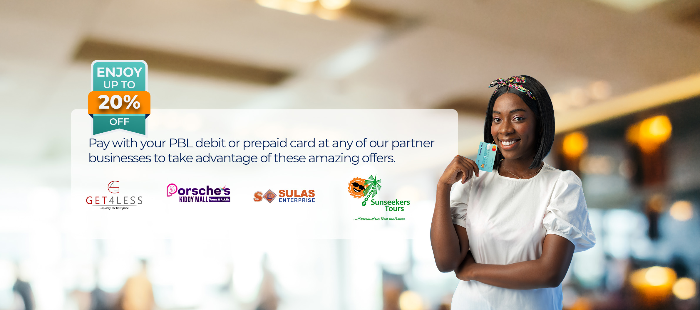 Image: Prudential Bank Discount Campaign Banner showing an excited lady holding shopping bags